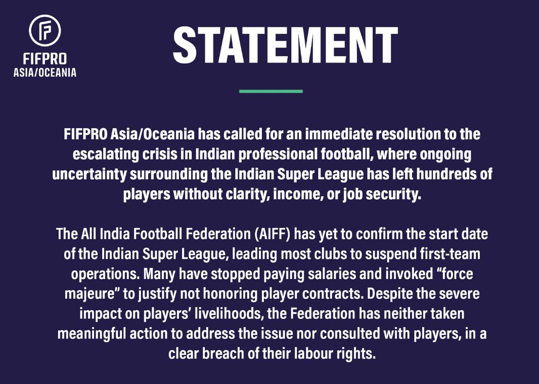 FIFPRO ออกแถลงการณ์เรียกร้องให้ FIFA เข้ามาแทรกแซงเพื่อแก้ไขวิกฤติฟุตบอลอินเดีย